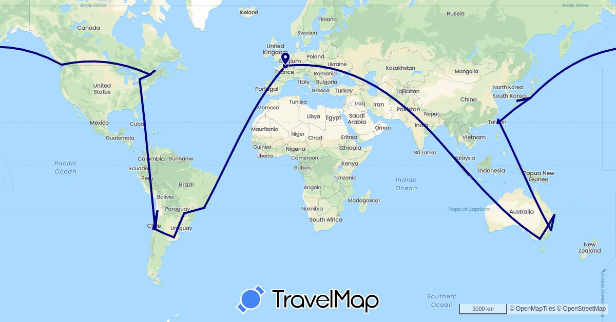 TravelMap itinerary: driving in Argentina, Australia, Brazil, Canada, Chile, France, Indonesia, Japan, Taiwan (Asia, Europe, North America, Oceania, South America)